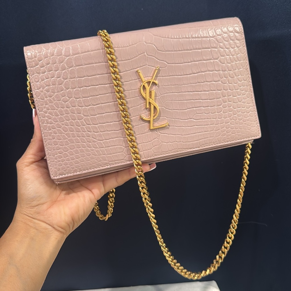 Yves Saint Laurent Pink Croc-Embossed Chain Shoulder Bag with Gold Hardware
